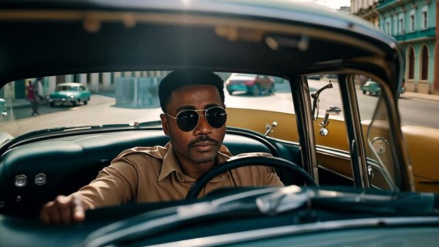 Cuban man driving an Almendron car in Havana, Cuba.