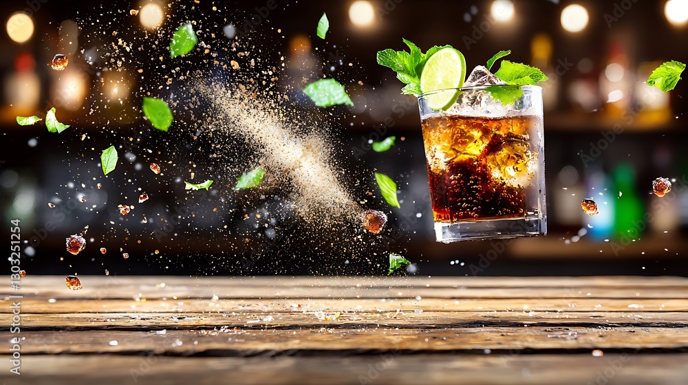 Poster refreshing sparkling drink with lime and mint leaves in action over wooden bar counter