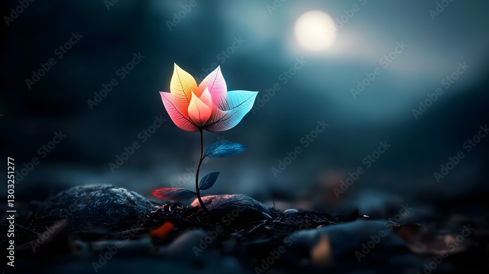 Poster mesmerizing genetically engineered plant with petals shaped like intricate fractals glowing in a rai