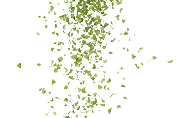 Falling Green Herb: Captured from above, a cascade of fresh, chopped green herbs gracefully descends, showcasing the vibrant color and delicate texture.