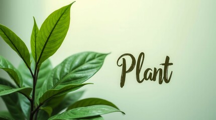 A leafy green plant with the word "plant" written in cursive letters. Concept of growth and life, as the plant is a symbol of nature and the beauty of the outdoors