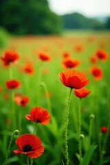 Obraz premium Red poppy blooms in the midst of lush green meadow, field, meadow