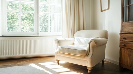 Fototapeta premium A white chair is sitting in front of a window