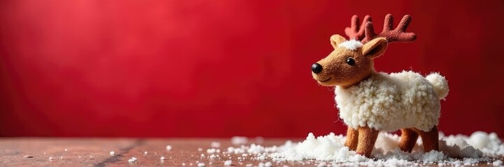 Reindeer wool ornament on red background with snow, red, decoration