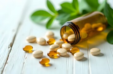 medicinal capsules spilled out of a jar on a light wooden background in close-up. The green is blurred in the background.