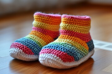 Knitted baby booties showcasing vibrant rainbow stripes sit on a warm wooden floor, ready to keep tiny feet cozy