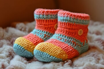 Hand-knitted baby booties showcasing vibrant rainbow stripes, providing warmth and comfort for little feet
