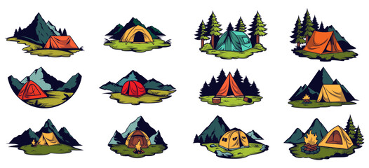 Camping Adventure Icons: A captivating collection of illustrated icons showcases various camping scenes, evoking the spirit of outdoor adventure.