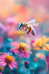 Honey bee approaching colorful flower in a beautiful garden during spring season, pollination concept