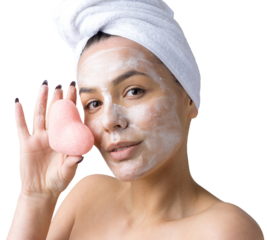 Beauty portrait of woman in white towel on head  with a sponge for a body in view of a pink heart. Skincare cleansing eco organic cosmetic spa relax concept.