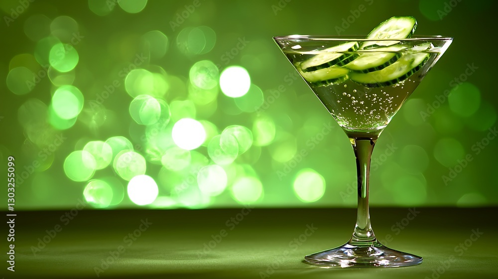 Poster refreshing cucumber martini cocktail with bubbles on green background and sparkling bokeh effect