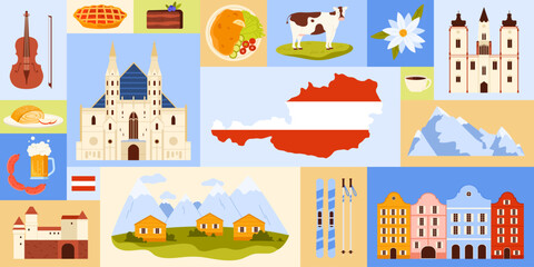 Fototapeta premium Explore the diverse and captivating symbols along with the stunning landscapes that represent Austria unique culture vector illustration