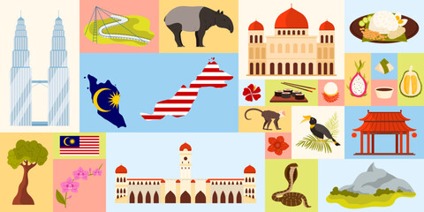 Travel to Malaysia, geometric infographic banner design with Malaysian culture and food, landmarks. Map with country flag, history buildings and durian, hibiscus and tree cartoon vector illustration © Flash Vector