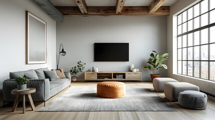 Inviting and Charming Farmhouse Inspired Living Room Showcasing Distressed Wood Beams a Plush Area Rug and a Mix of Industrial and Vintage Inspired Furnishings for a Cozy and Welcoming Atmosphere