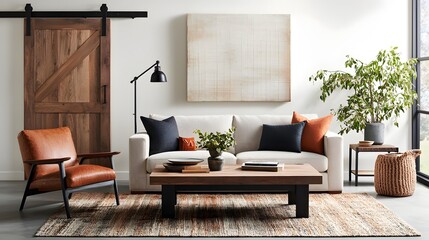 Inviting and charming farmhouse inspired living area showcasing weathered wood accents a textured area rug and a harmonious blend of industrial and vintage inspired elements