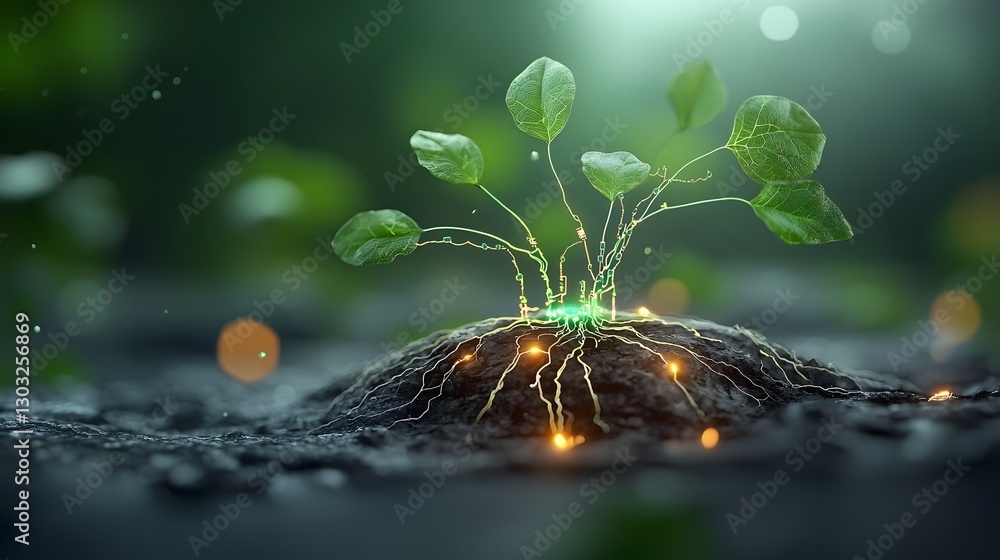 Poster innovative hybrid plant with embedded circuits and glowing luminescent veins illuminated under labor