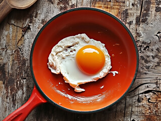 A poached egg in a red frying pan as seen from above on a wooden kitchen worktop.