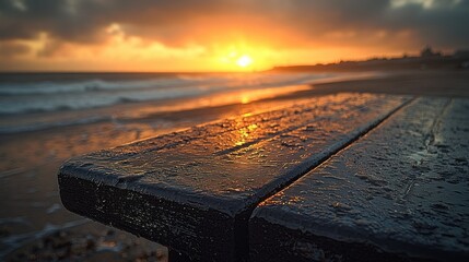 Beach sunset picnic table, wet wooden surface, ocean waves