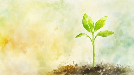 delicate watercolor painting of a single green sprout growing from soft, light green and earthy tones, soft blurred edges, minimalistic composition, pastel background with subtle gradient,
