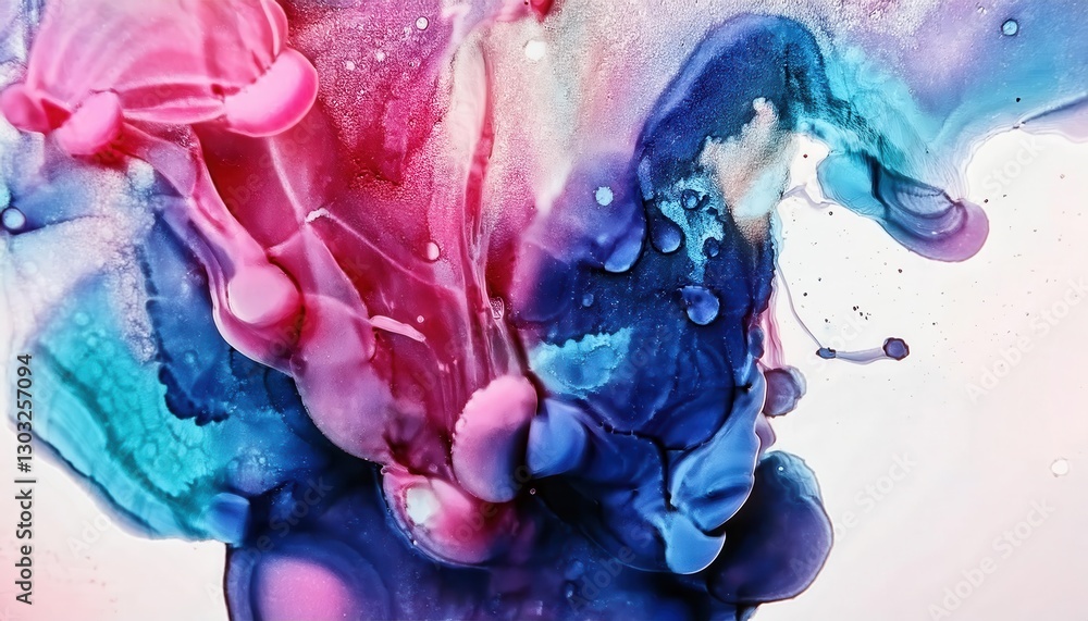 Poster abstract fluid art with vibrant pink and deep blue ink blending, creating organic textures and soft 