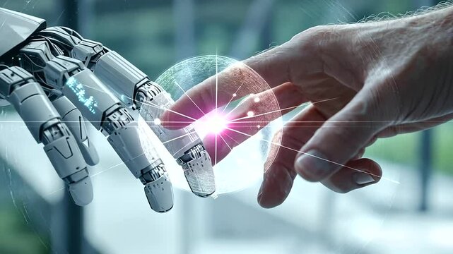 Depict a futuristic lab where a monkey finger and a human finger are scanned by a robotic hand to analyze their biological and technological connections