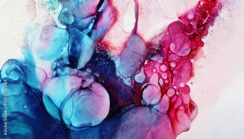 Poster abstract fluid art with vibrant pink and deep blue ink blending, creating organic textures and soft 