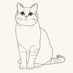 Minimalist black and white line art of a sitting cat in a modern outfit against a neutral background with copy space