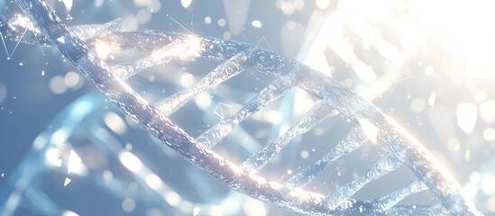 Abstract dna double helix structure, light blue and white color palette, digital art style, bright, glowing effect, bokeh background, scientific concept,  3d rendering, futuristic design, biological