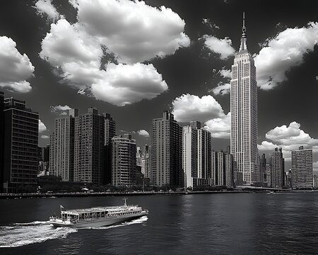 Fototapeta NYC Skyline, Ferry, Dramatic Clouds