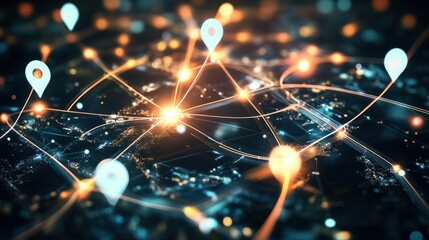 Glowing data-driven map showcasing ad routes and city lights, symbolizing the power of targeted advertising and location-based services.