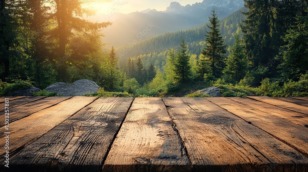 Poster empty table with forest in the background product display montages