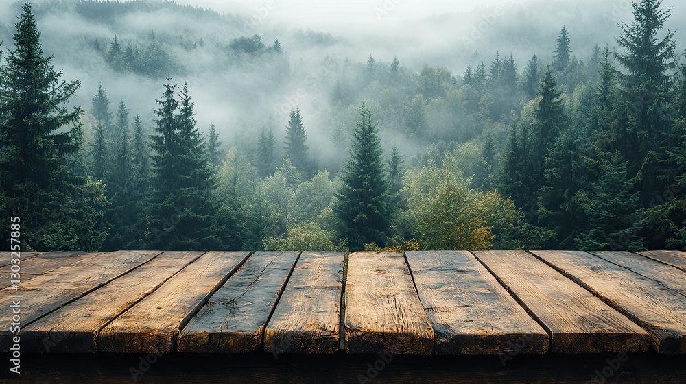 Poster empty table with foggy forest background product display montages