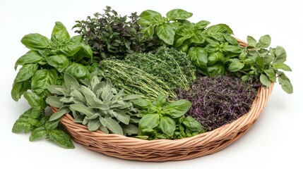 Fresh Herbs Arrangement in Wicker Basket Showcasing Culinary Delights and Natural Ingredients