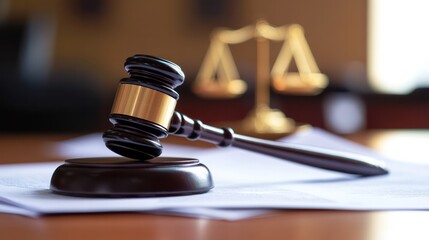 Close-up of a gavel resting on legal documents, symbolizing intellectual property disputes and legal proceedings in a courtroom setting.