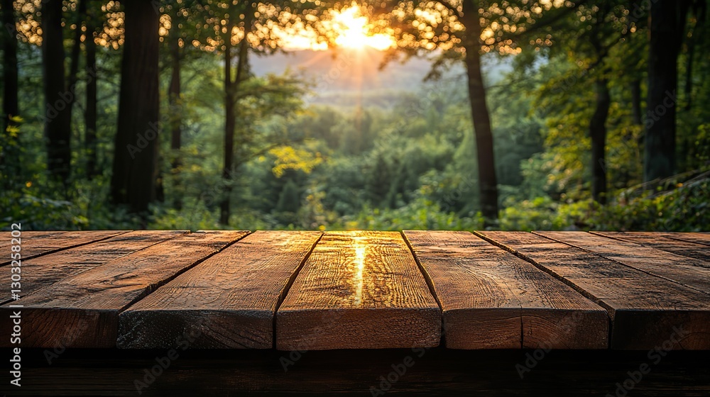 Poster empty table with forest in the background product display montages