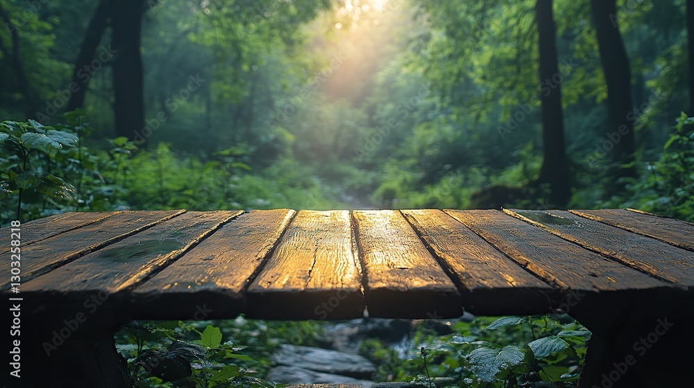 Poster empty wooden table in front of green forest background ready for product display montage