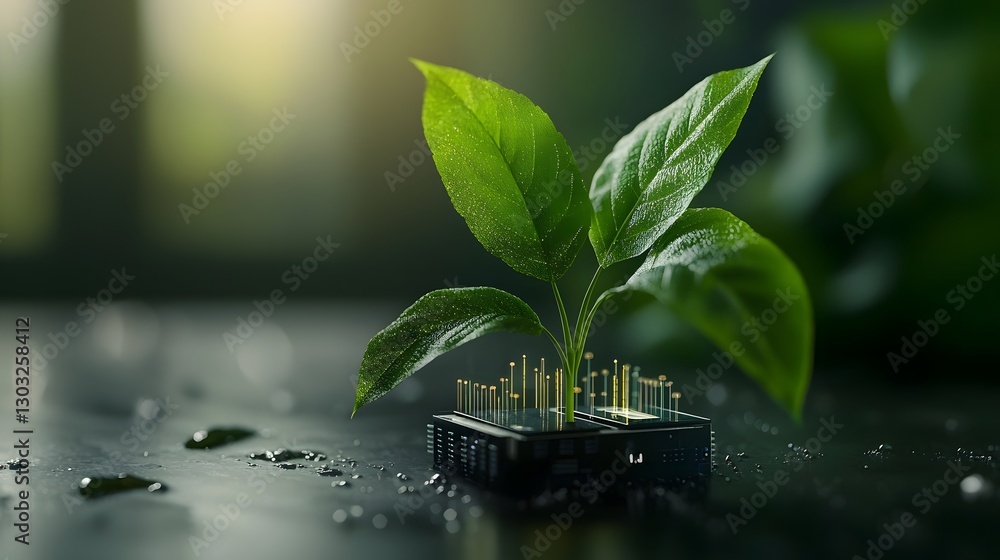 Poster innovative close up of biotech plant leaf embedded with microchips that monitor photosynthesis proce