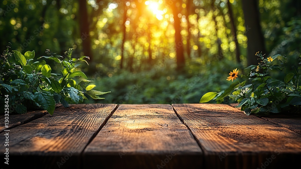 Poster empty wooden table with forest background ready for product display montage
