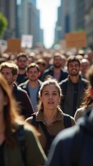 Large crowd of people are protesting in the street. A woman is standing in the middle of the crowd, holding a sign