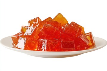 Colorful cubes of jello, Vibrant red and orange gelatin dessert, Translucent fruit-flavored jelly squares, White ceramic plate, Glistening gelatin cubes, Bright jewel-toned dessert, Studio lighting, F
