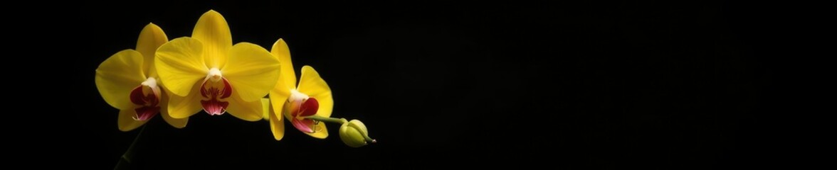 Fototapeta premium Yellow orchid on a minimalist black background, empty space, isolation, black