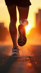 Woman running with her foot in the air. The sun is setting in the background. Concept of energy and movement