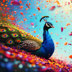 Obraz premium Holi Festival of Colours Animal Concept, Spring Holi bloom, peacock nestled amidst colourful flower petals, splashes of vibrant powder, blue skies, drifting festive colours, Indian Hinduism festival