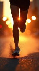 Woman is running on a street with a bright sun in the background. The sun is shining on her legs, and she is wearing a pair of white sneakers