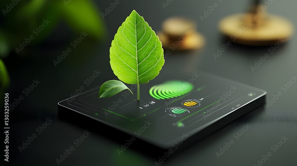 Poster innovative biotech leaf with holographic real time weather data display futuristic concept of smart 