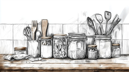 Sketch of a kitchen countertop with jars, utensils, and bowls