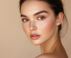 stunning portrait of young woman with flawless skin, soft makeup, and natural beauty. Her warm brown eyes and subtle blush create inviting and serene expression