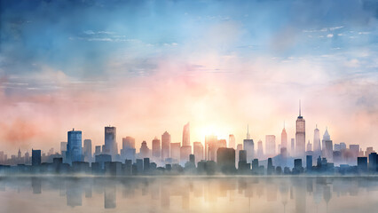 Naklejka premium *Watercolor Skyline Background with Copy Space: Soft Pastel Shades of Dawn Breaking Over a City, Evoking Tranquility and Hope