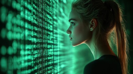 Woman studying glowing digital code.