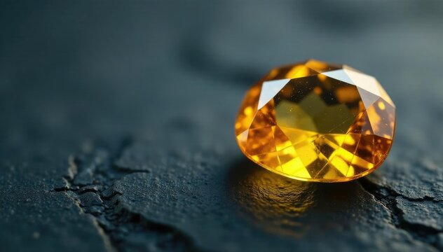 Yellow topaz gemstone sample with fractures on black slate, gemstone, yellow topaz